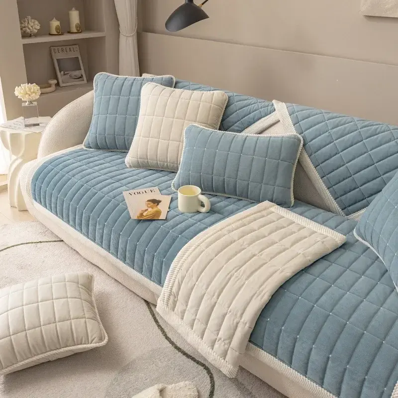 Rectangular Grid Sofa Cover Solid Color Thicken Plush L Shape Corner Sofa Towel Cover Non-Slip Couch Protector for Living Room