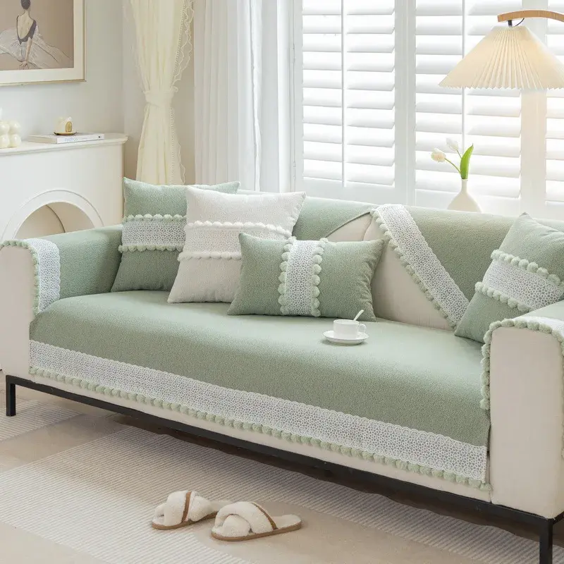 Solid Color Non-slip Sofa Cushion Tassel Ball Chenille Dustproof Couch Cover Pillowcase Four Seasons Living Room Decor Sofa Mat