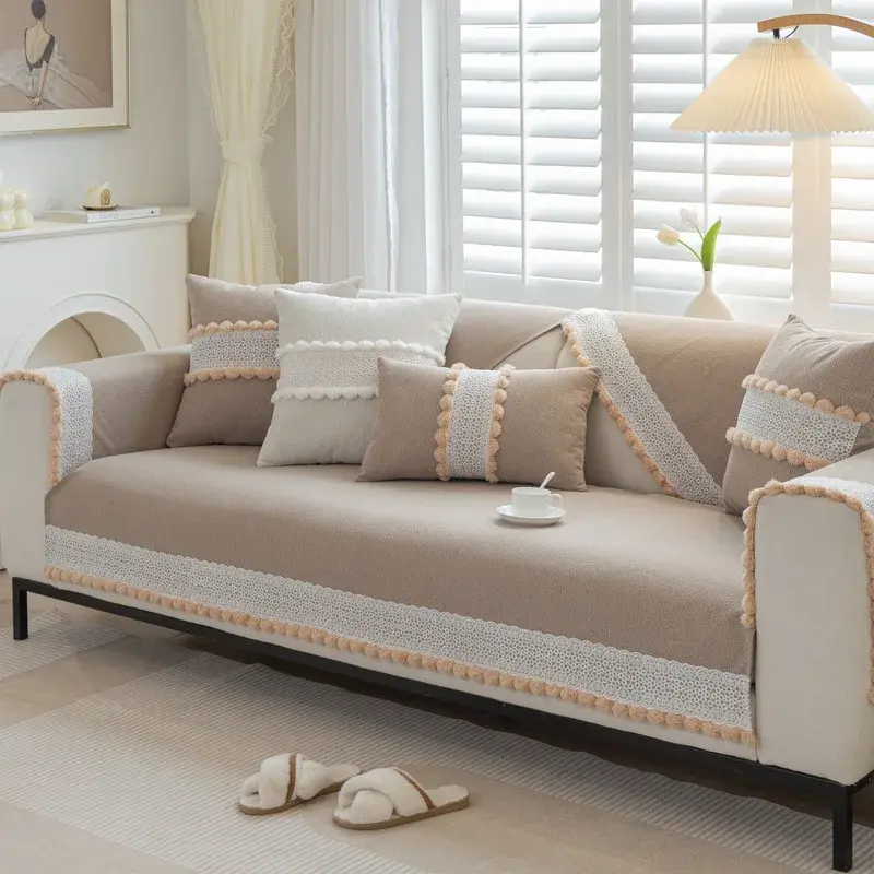 Solid Color Non-slip Sofa Cushion Tassel Ball Chenille Dustproof Couch Cover Pillowcase Four Seasons Living Room Decor Sofa Mat