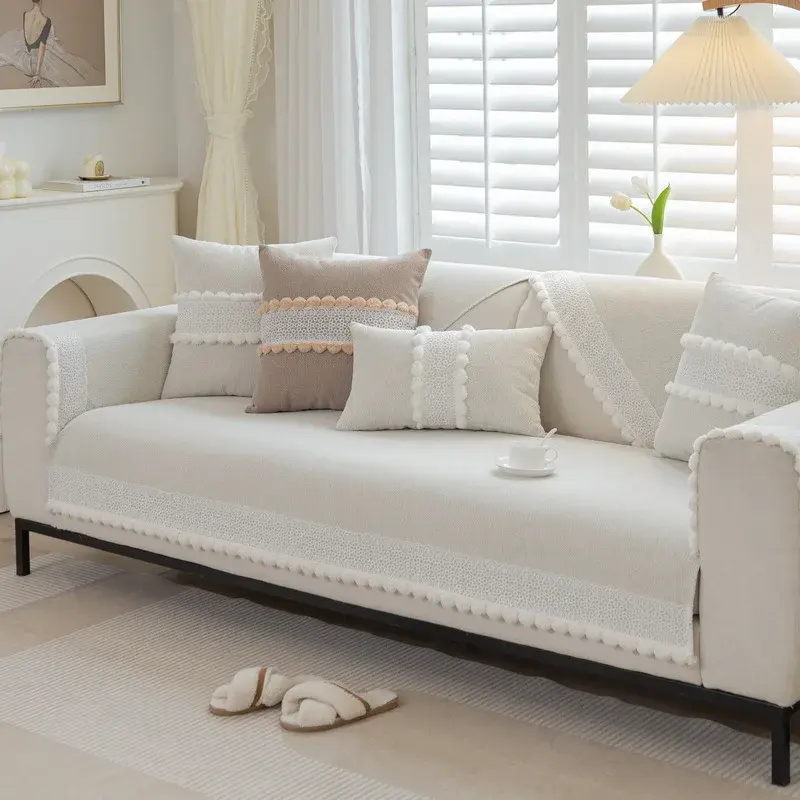 Solid Color Non-slip Sofa Cushion Tassel Ball Chenille Dustproof Couch Cover Pillowcase Four Seasons Living Room Decor Sofa Mat