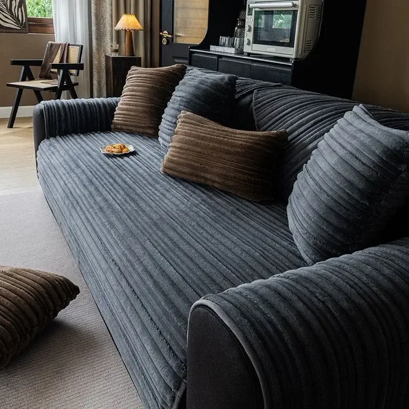 2024 Thickened Lines Plush Cushion Non-slip Leather Sofa Cover Cover Cloth Towel New Soft Waxy Rabbit Plush Sofa Cushion Winter