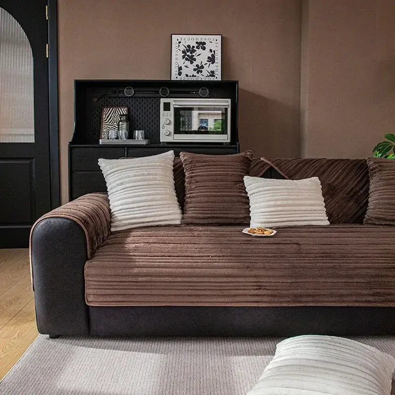 2024 Thickened Lines Plush Cushion Non-slip Leather Sofa Cover Cover Cloth Towel New Soft Waxy Rabbit Plush Sofa Cushion Winter