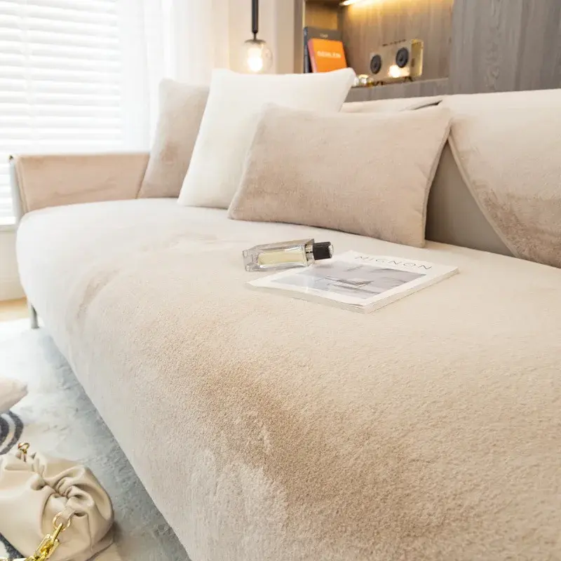 Modern Solid Color Winter Thicken Rabbit Fluff Sofa Towel Plush Soft Smooth Sofa Covers for Living Room Anti-slip Couch Cover