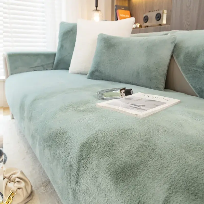 Modern Solid Color Winter Thicken Rabbit Fluff Sofa Towel Plush Soft Smooth Sofa Covers for Living Room Anti-slip Couch Cover