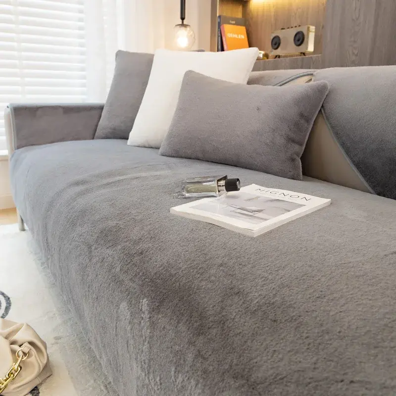Modern Solid Color Winter Thicken Rabbit Fluff Sofa Towel Plush Soft Smooth Sofa Covers for Living Room Anti-slip Couch Cover
