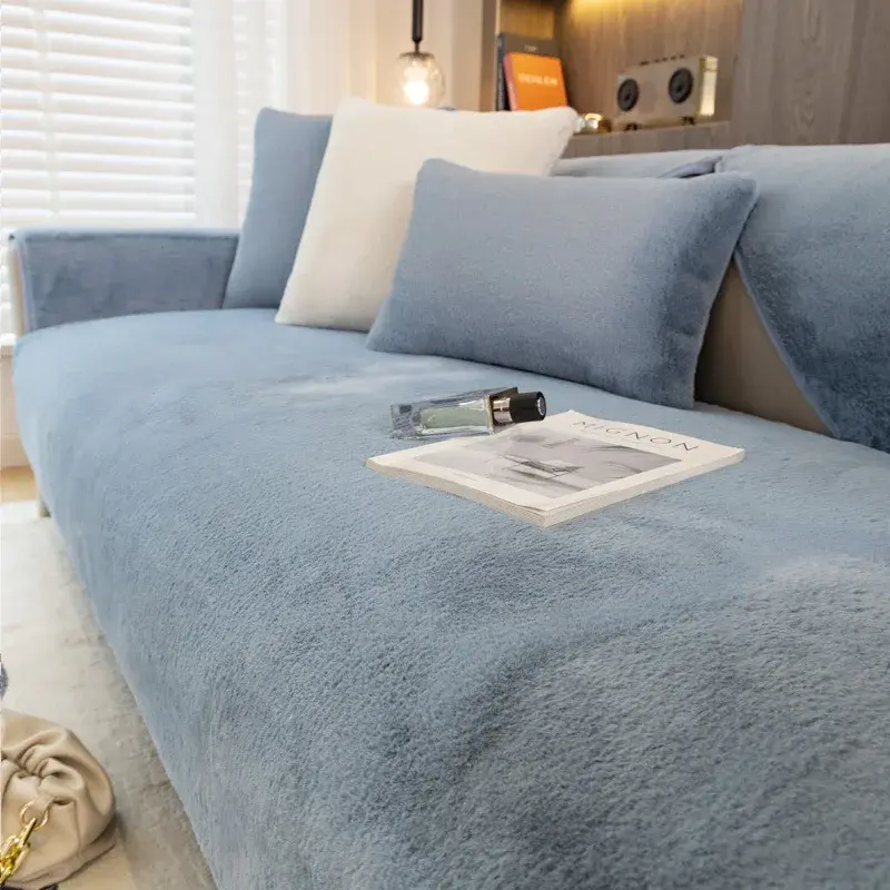 Modern Solid Color Winter Thicken Rabbit Fluff Sofa Towel Plush Soft Smooth Sofa Covers for Living Room Anti-slip Couch Cover