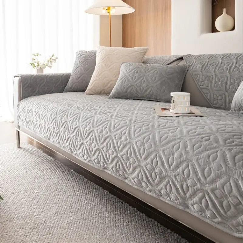 Winter Milk Velvet Sofa Cushion Solid Color Jacquard Sofa Cover Non-Slip Thickening Straight Row Sofa Cushion Cream Style Mat