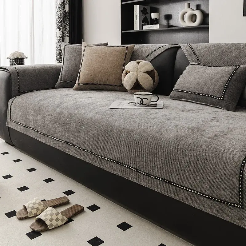 Solid Color Chenille Sofa Cushion Four All Seasons Universal Anti Slip Cushion Modern High-end Sofa Cover Backrest Towel Fabric