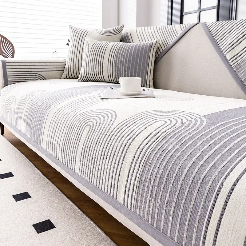 Stripe Geometry Chenille Living Room Sofa Cushion Four Seasons Universal Couch Cover Non Slip Black Border Sofa Protective Cover