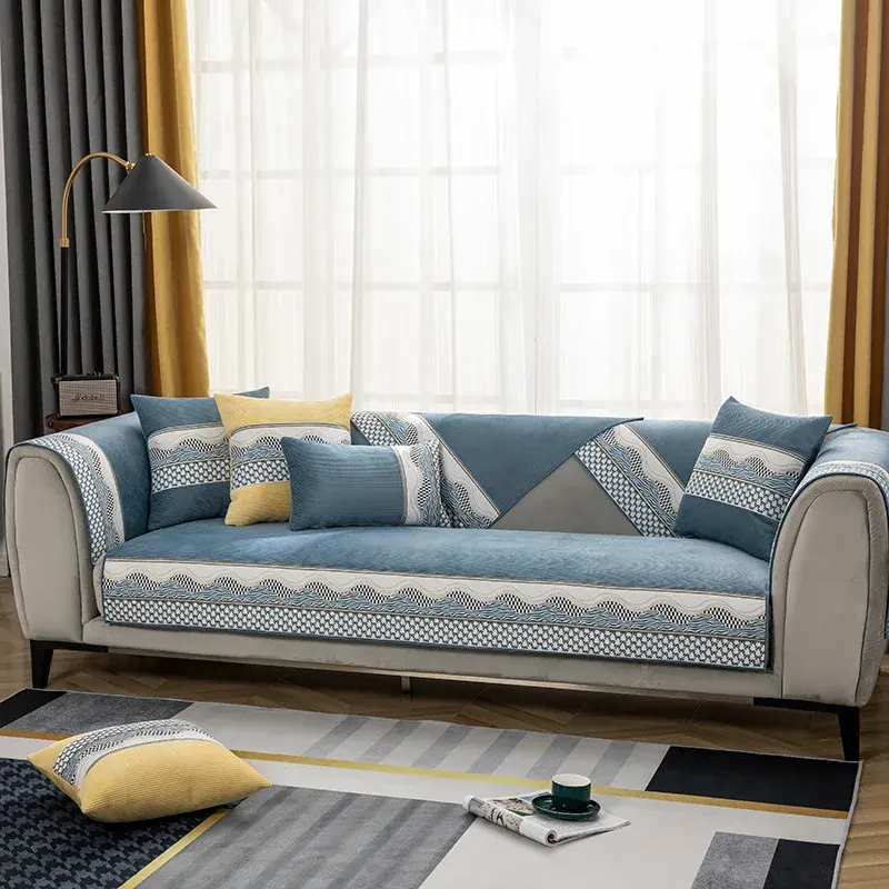Printing Splicing Solid Color Sofa Covers Thickened Sofa Cushion Autumn Winter Non-Slip Plush Cushion Cover Plush Sofa Cushion
