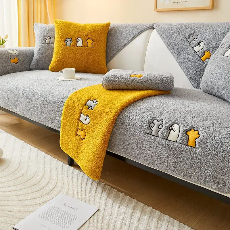 Winter Lamb Velvet Sofa Cushion Non-slip Nordic Simple Cushion Thicken Plush Leather Sofa Cover Towel Protective Cover for Sofa