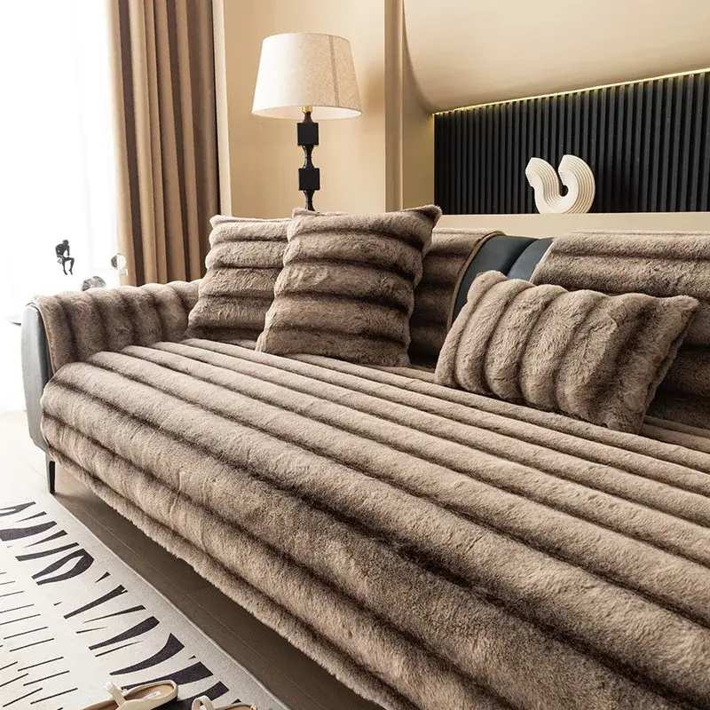 Plush Straight Strip Sofa Cover Thickened Keep Warm Sofa Mat Home Combination Couch Covers Solid Color Anti-slip Couch Cushion