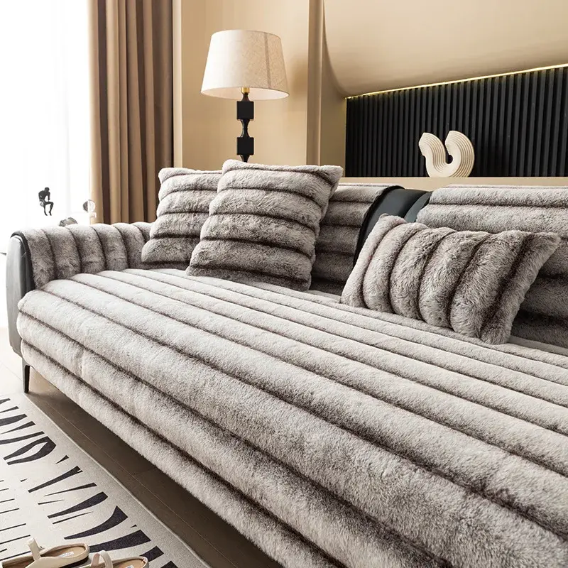 Plush Straight Strip Sofa Cover Thickened Keep Warm Sofa Mat Home Combination Couch Covers Solid Color Anti-slip Couch Cushion