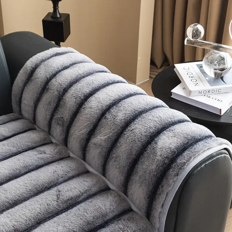 Plush Straight Strip Sofa Cover Thickened Keep Warm Sofa Mat Home Combination Couch Covers Solid Color Anti-slip Couch Cushion