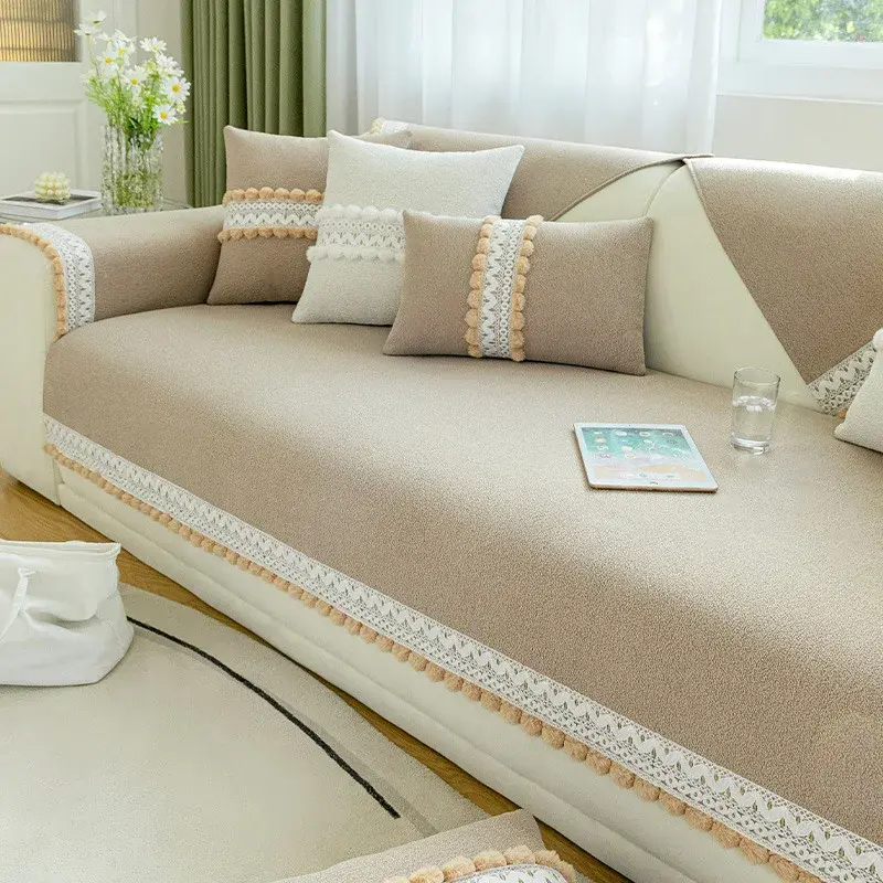 Solid Color Sofa Cover Chenille Tassel Ball Sofa Cover for Living Room Modern Couch Protector Covers Soft Thicken Sofa Mat Decor