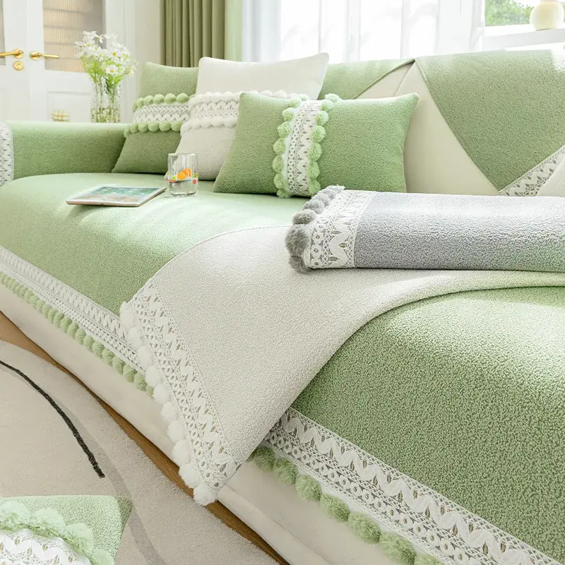 Solid Color Sofa Cover Chenille Tassel Ball Sofa Cover for Living Room Modern Couch Protector Covers Soft Thicken Sofa Mat Decor