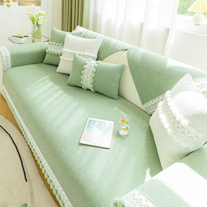 Solid Color Sofa Cover Chenille Tassel Ball Sofa Cover for Living Room Modern Couch Protector Covers Soft Thicken Sofa Mat Decor