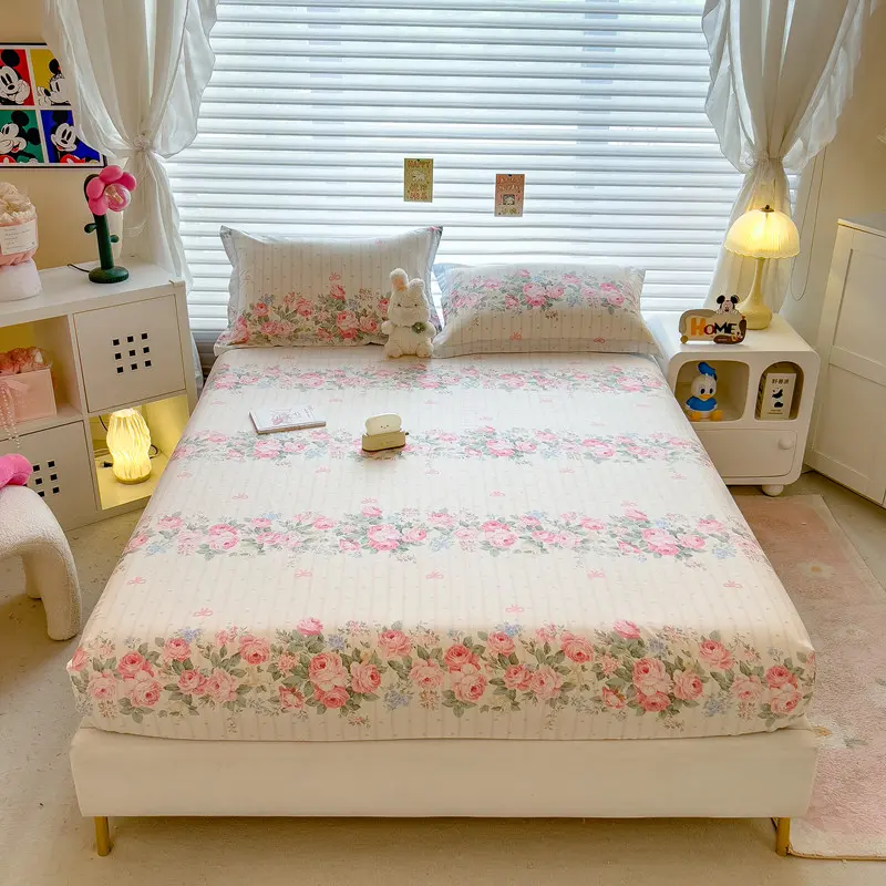 Skin-friendly Bed Sheets 100% Cotton Bed Cover Floral Style Fitted Sheet Queen Size Bed Linen couvre lit (Pillowcase Need Order)