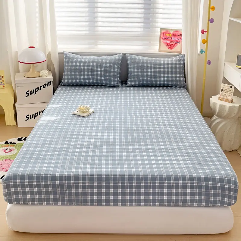 Plaid Style Fitted Sheet with Pillowcase Elastic Bedsheet Non-slip Bed Linen Printed Bed Cover Home Mattress Protector lençol