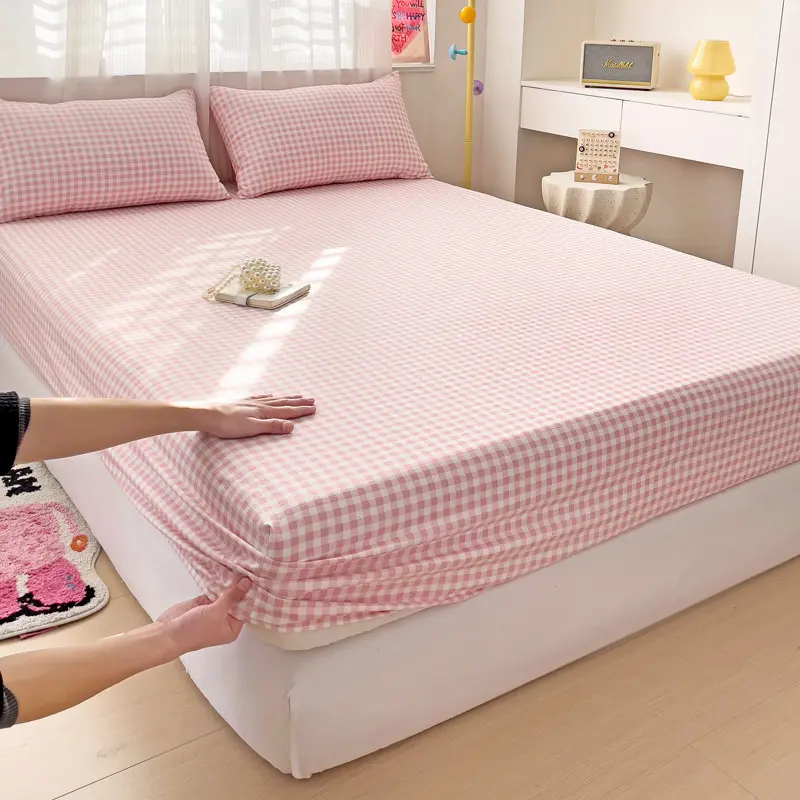 Plaid Style Fitted Sheet with Pillowcase Elastic Bedsheet Non-slip Bed Linen Printed Bed Cover Home Mattress Protector lençol