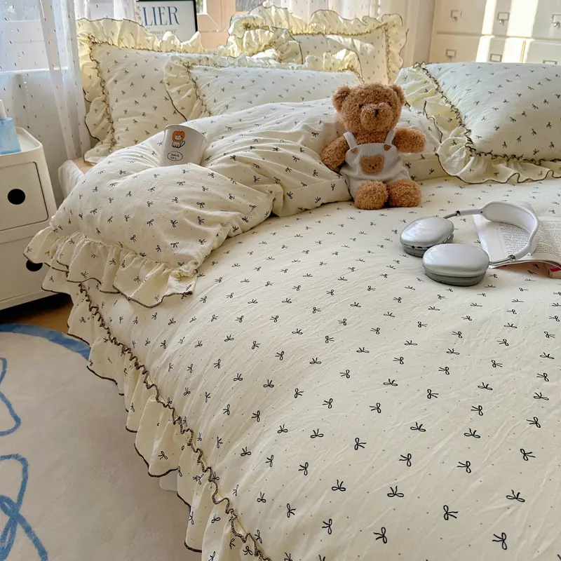 Simple Style Bed Linen Set Bowknot Print Duvet Cover Pillowcase with Bedsheet Adults Kids Bedclothes 침구세트 Home Soft Bedding Set