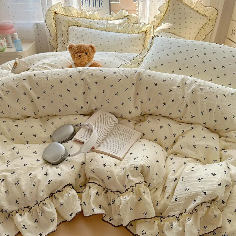 Simple Style Bed Linen Set Bowknot Print Duvet Cover Pillowcase with Bedsheet Adults Kids Bedclothes 침구세트 Home Soft Bedding Set