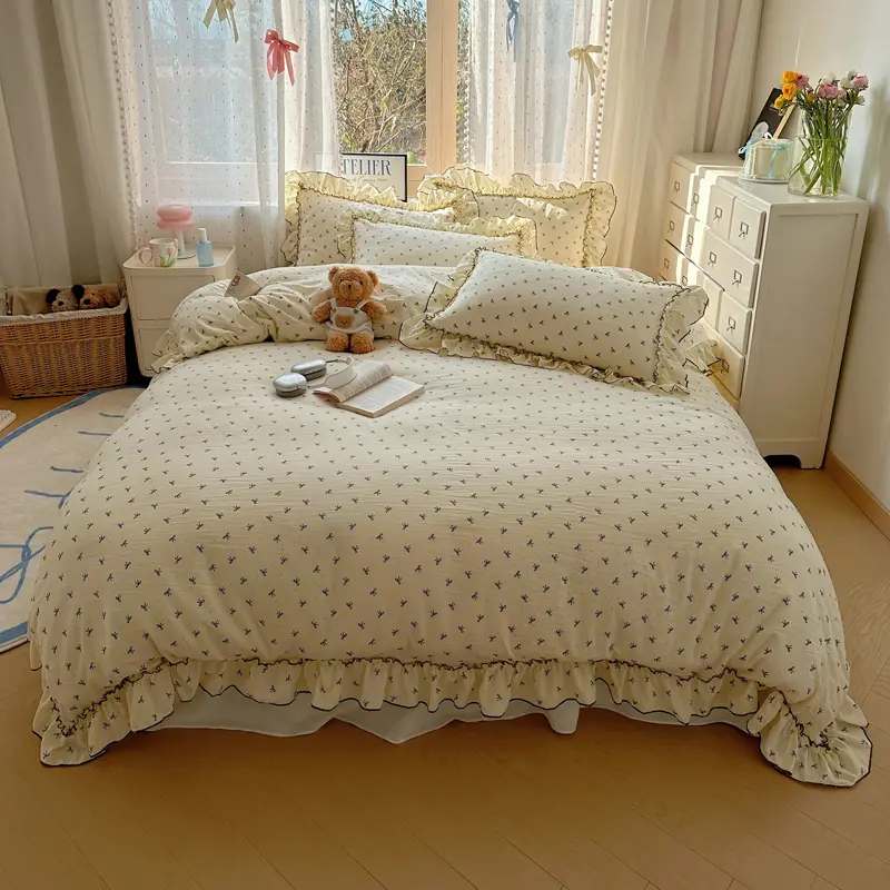 Simple Style Bed Linen Set Bowknot Print Duvet Cover Pillowcase with Bedsheet Adults Kids Bedclothes 침구세트 Home Soft Bedding Set