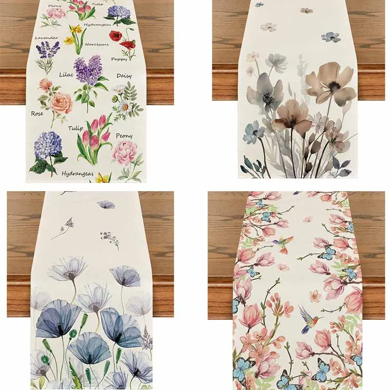 Floral Wildflowers Table Runner, Spring Butterfly Herbs Farmhouse Holiday Home Kitchen Dining Table Decoration, 13 x 92 Inch