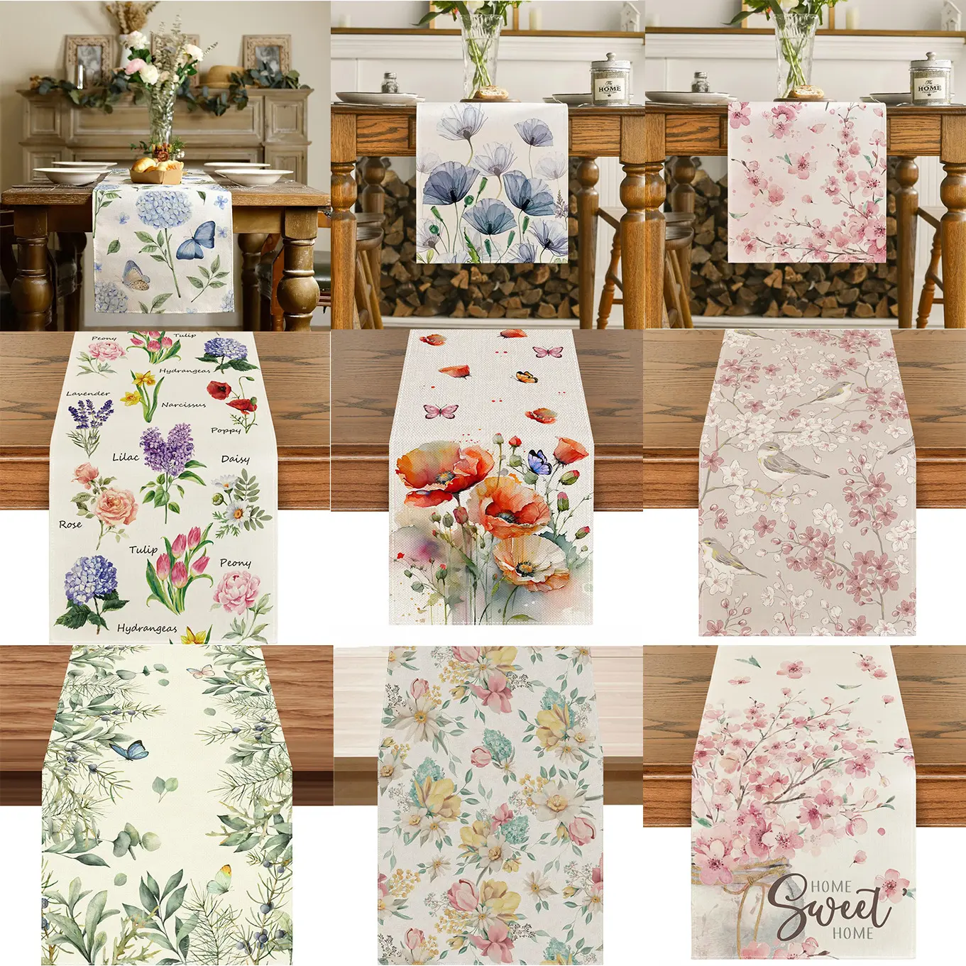 Floral Wildflowers Table Runner, Spring Butterfly Herbs Farmhouse Holiday Home Kitchen Dining Table Decoration, 13 x 92 Inch