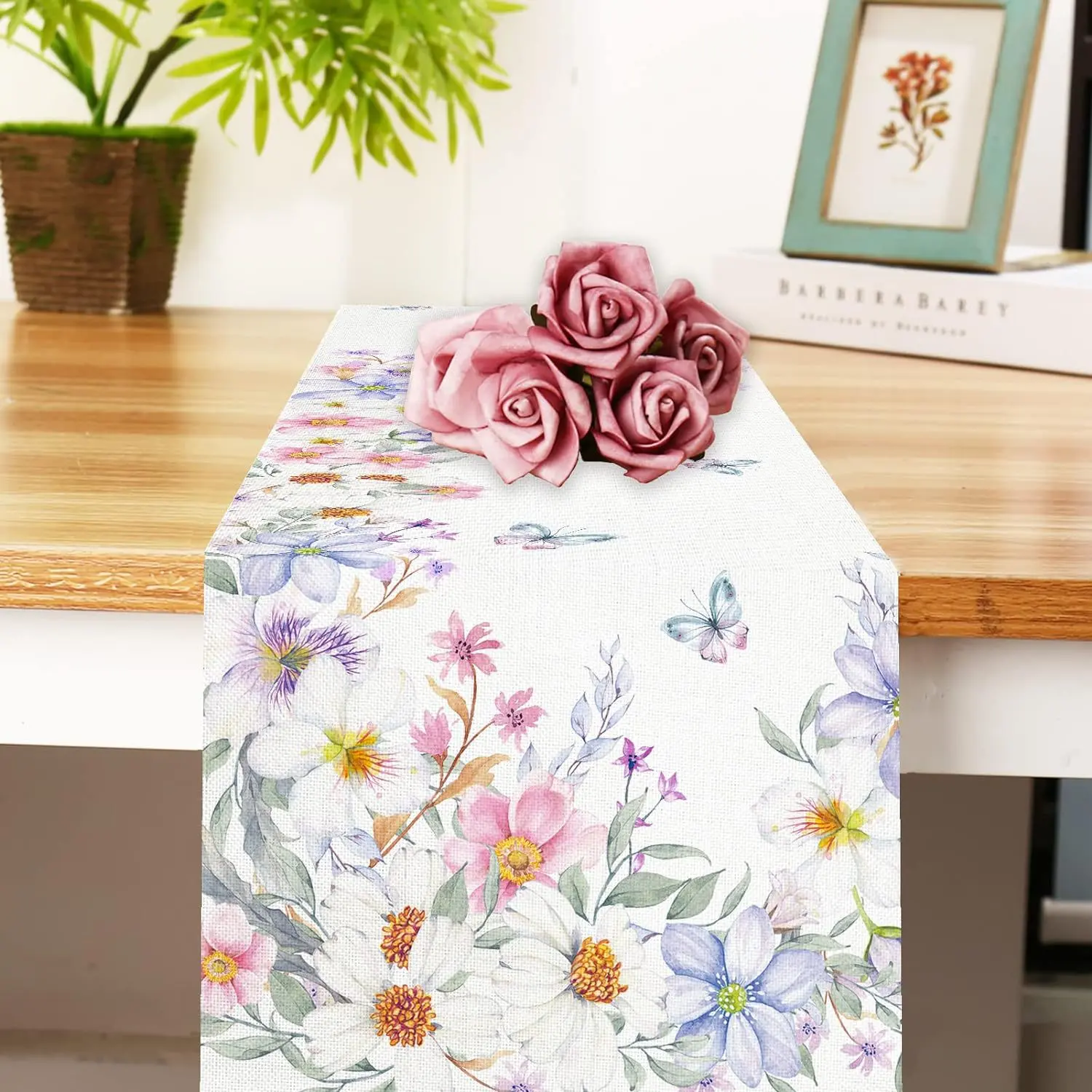 Floral Wildflowers Table Runner, Spring Butterfly Herbs Farmhouse Holiday Home Kitchen Dining Table Decoration, 13 x 92 Inch