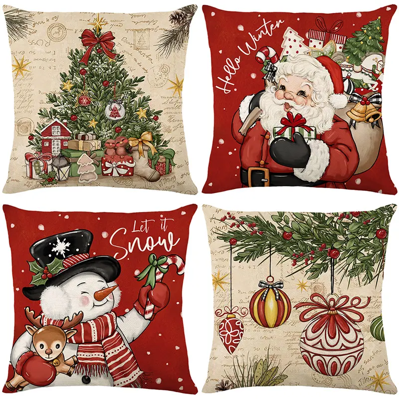 Cross-border Christmas pillow cover Santa Claus linen printed holiday home decoration pillow cover bedroom cushion cover