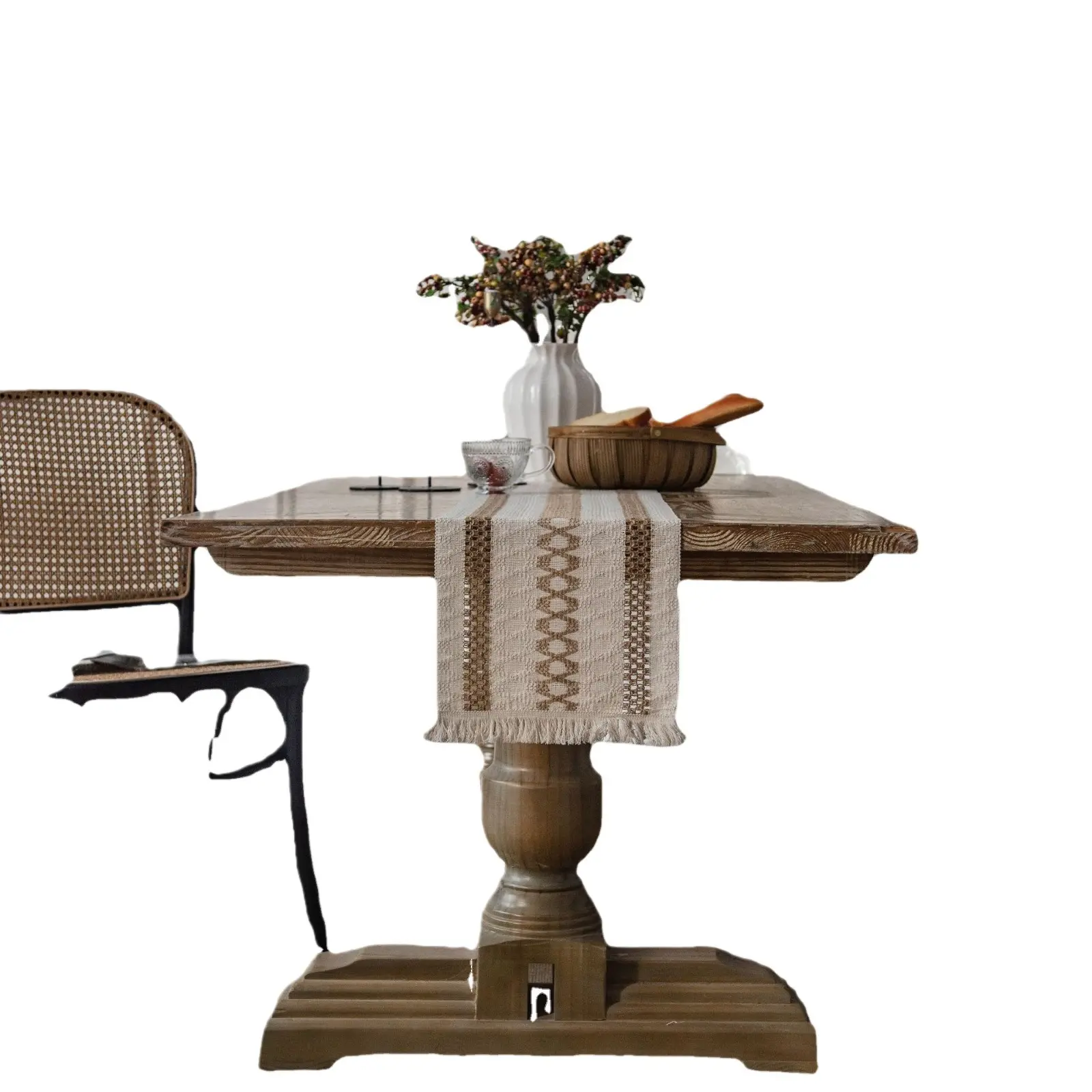 Table runner cotton and linen stripe stitching two-color braided tassels natural material American holiday factory direct supply