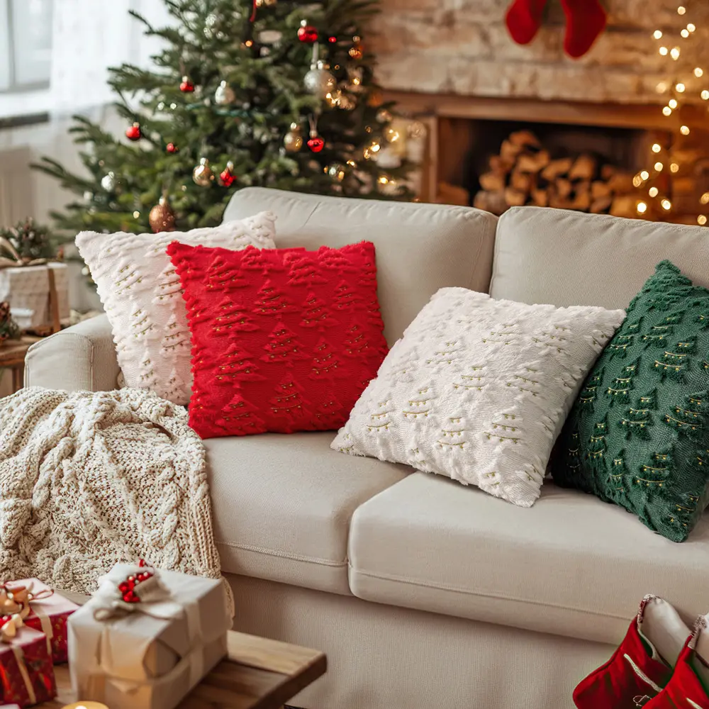 Red green White Christmas lantern embroidery pillow cover cushion for living room decoration
