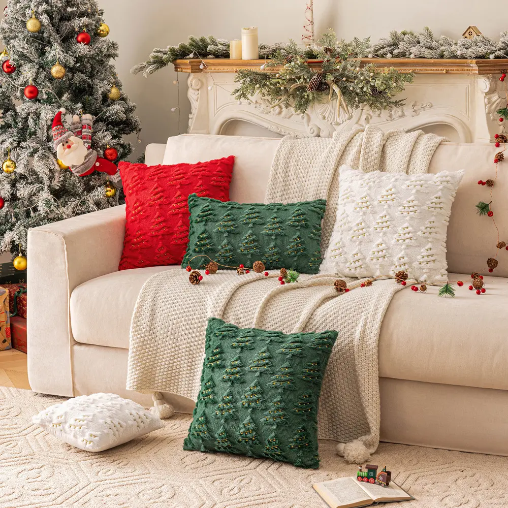 Red green White Christmas lantern embroidery pillow cover cushion for living room decoration