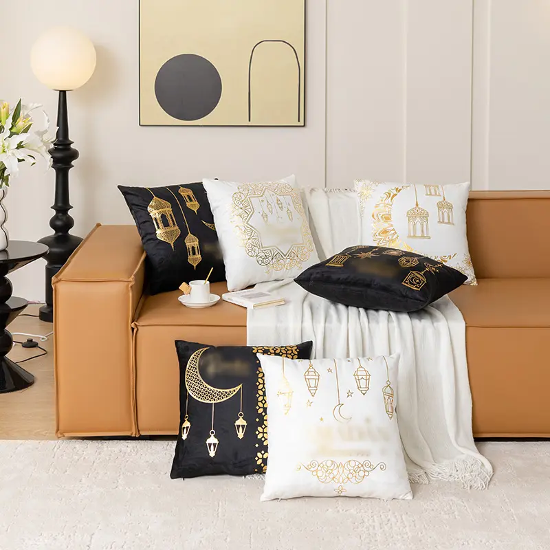 Moon Sun Eye Gold light Chain Embroidery Custom Cushion Cover White Velvet Decor Pillow Cases