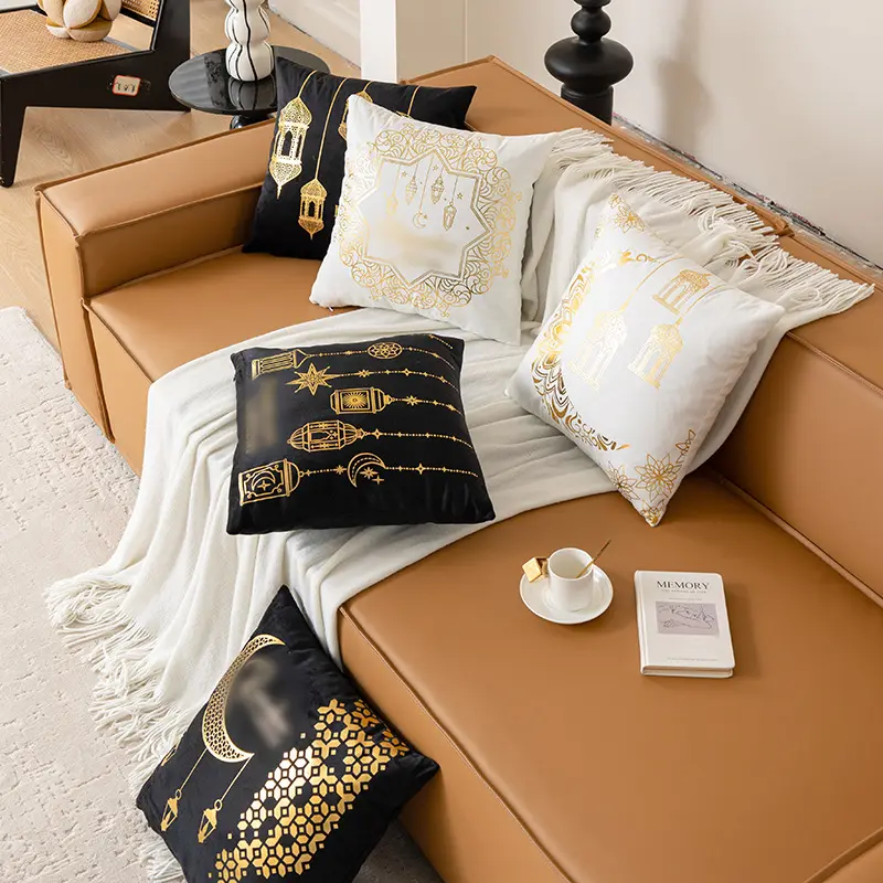 Moon Sun Eye Gold light Chain Embroidery Custom Cushion Cover White Velvet Decor Pillow Cases
