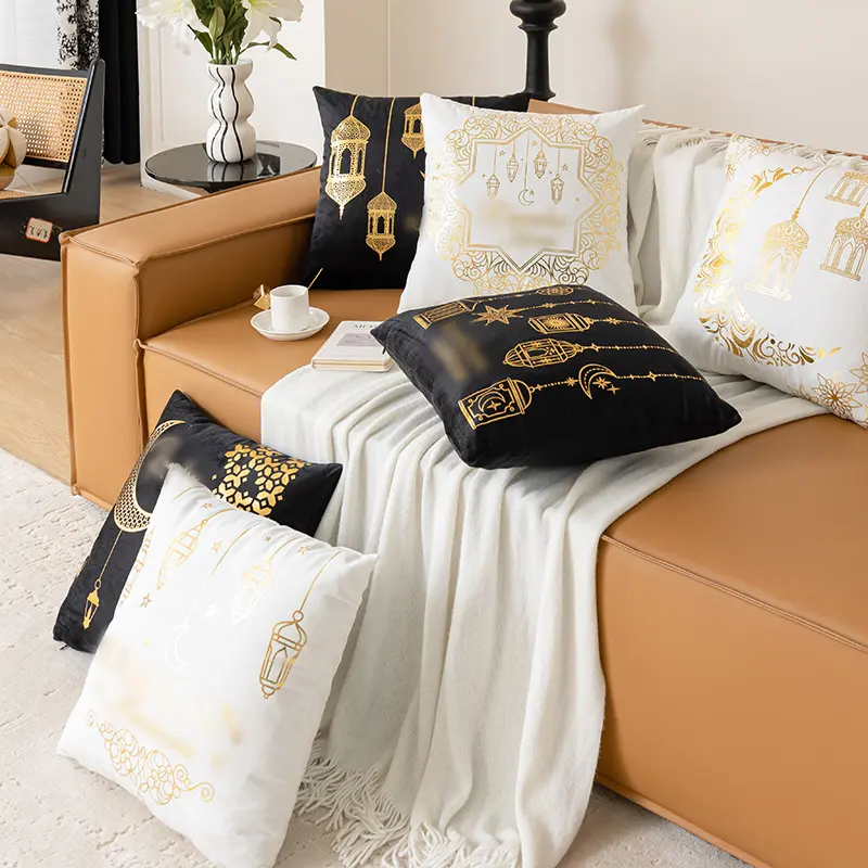 Moon Sun Eye Gold light Chain Embroidery Custom Cushion Cover White Velvet Decor Pillow Cases