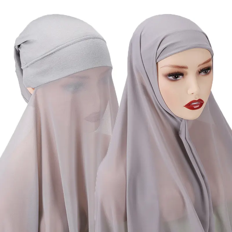 Chiffon Instant Hijab for Women Muslim Under Scarf Tube Cap with Veil Fashion Islam Solid Color Headscarf Turban
