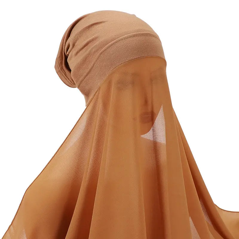 Chiffon Instant Hijab for Women Muslim Under Scarf Tube Cap with Veil Fashion Islam Solid Color Headscarf Turban