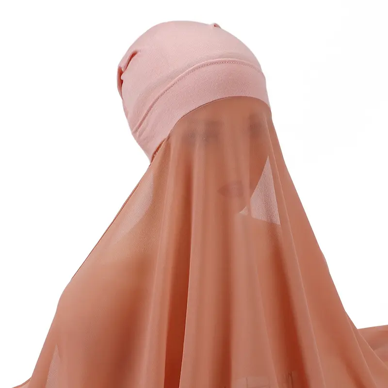 Chiffon Instant Hijab for Women Muslim Under Scarf Tube Cap with Veil Fashion Islam Solid Color Headscarf Turban
