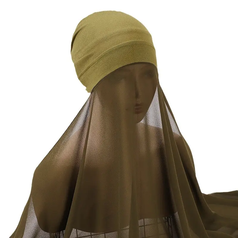 Chiffon Instant Hijab for Women Muslim Under Scarf Tube Cap with Veil Fashion Islam Solid Color Headscarf Turban