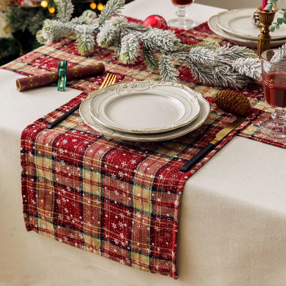 Christmas Table Runner Plaid Table Runner (Red and Beige) 13 x 72 inch Farmhouse Xmas Winter Snowflake Table Lines Runner