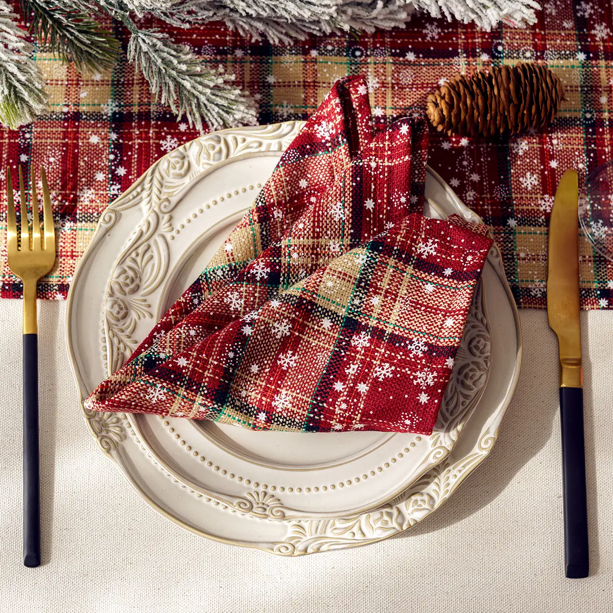Christmas Table Runner Plaid Table Runner (Red and Beige) 13 x 72 inch Farmhouse Xmas Winter Snowflake Table Lines Runner