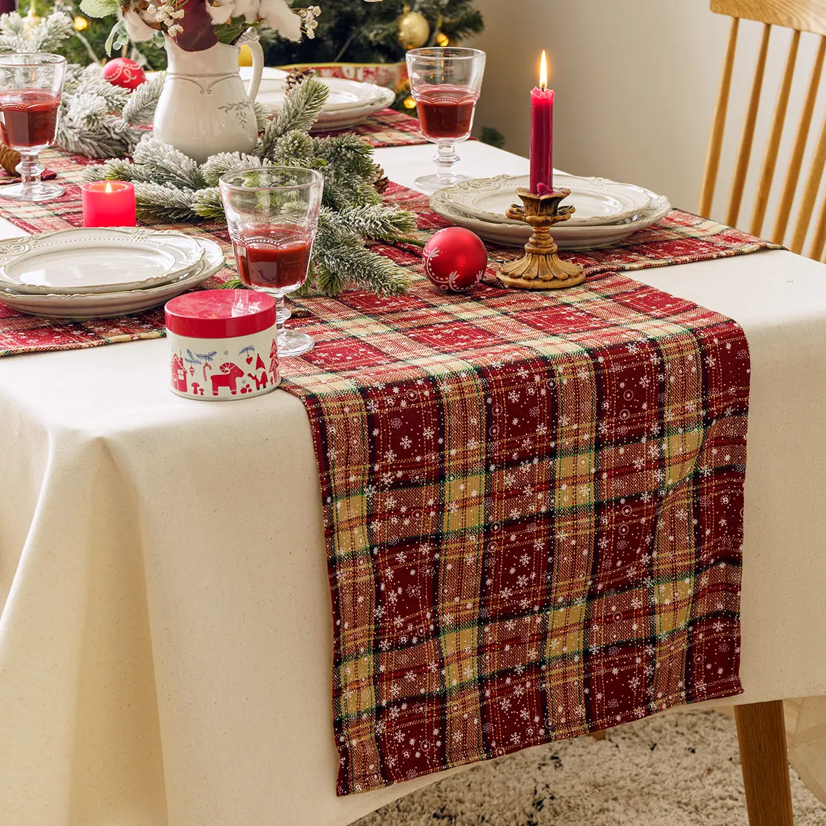 Christmas Table Runner Plaid Table Runner (Red and Beige) 13 x 72 inch Farmhouse Xmas Winter Snowflake Table Lines Runner