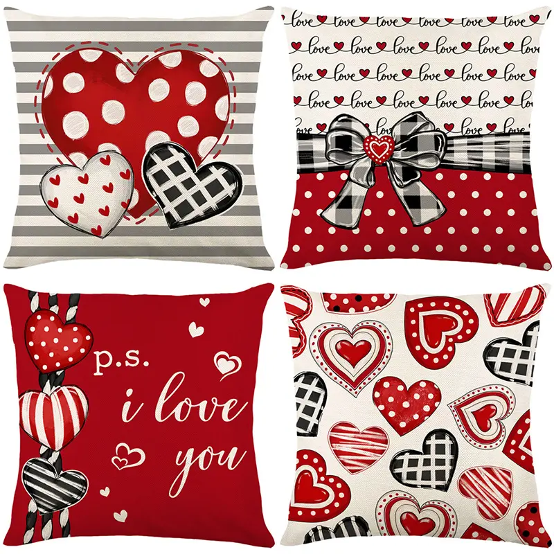 Red Happy Valentines Day Love Hearts Decorative Throw Pillow Cover 18x18 Red White Arrow Holiday Porch Patio Outdoor Pillowcase