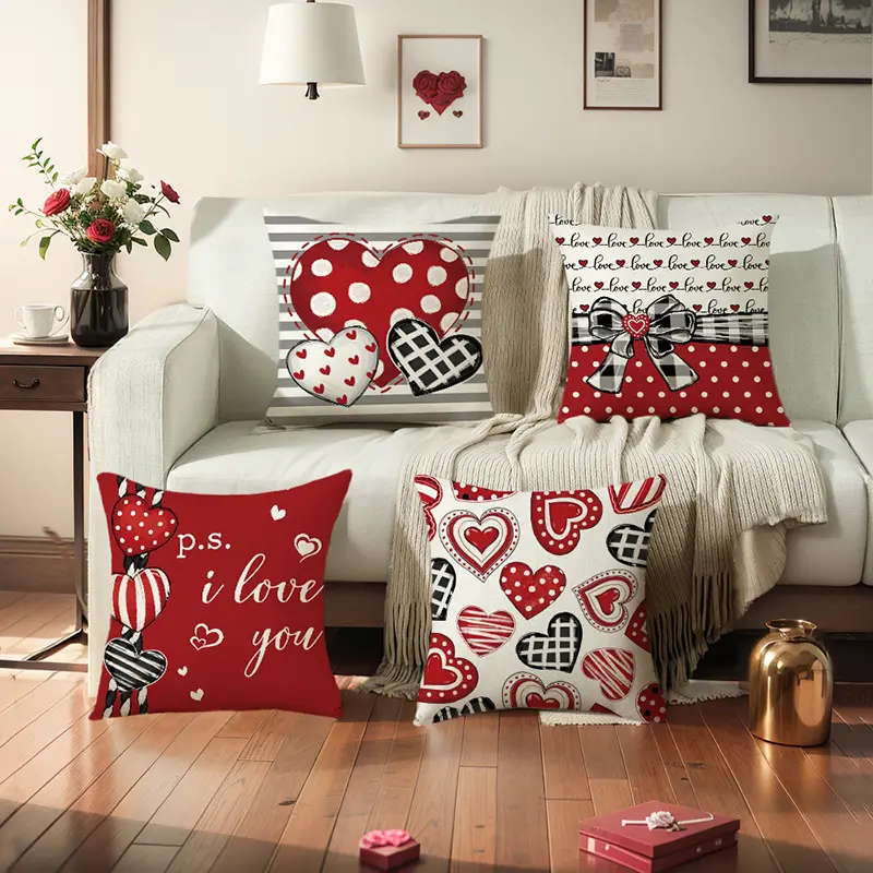 Red Happy Valentines Day Love Hearts Decorative Throw Pillow Cover 18x18 Red White Arrow Holiday Porch Patio Outdoor Pillowcase