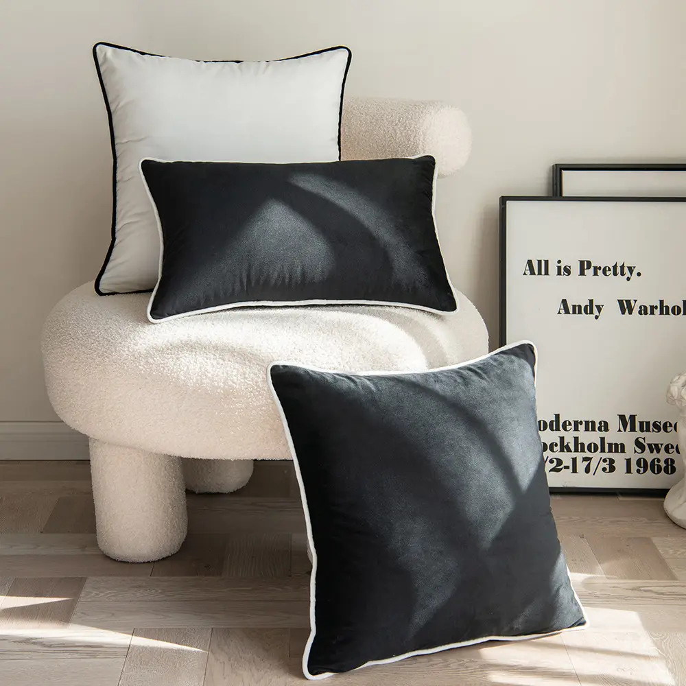 Black white edge and white black edge velvet rolling rope wrapped pillow cover polyester solid color soft and comfortable covers