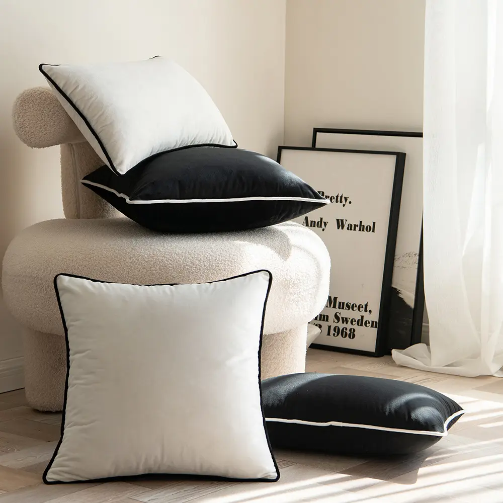Black white edge and white black edge velvet rolling rope wrapped pillow cover polyester solid color soft and comfortable covers