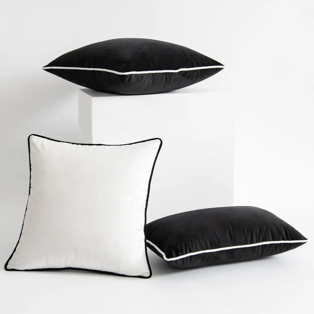 Black white edge and white black edge velvet rolling rope wrapped pillow cover polyester solid color soft and comfortable covers