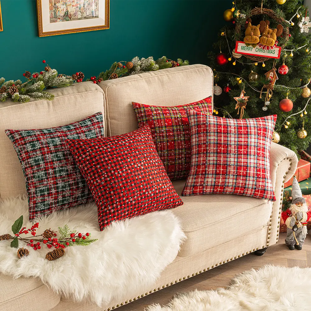 Christmas 18x18 20x20 Throw Pillow Covers, Decorative Outdoor Farmhouse Buffalo Plaid Plad Pillow Shams Cases Slipcovers Cover